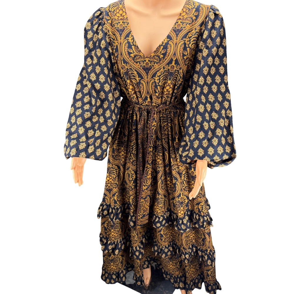 A Loves A Navy Gold Paisley Cotton Maxi Dress Long Balloon Sleeve L Boho Peasant